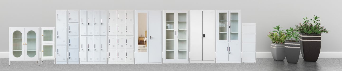 a series of metal locker and cabinet